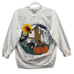 Vintage Jenna Lane Halloween Sweatshirt Womens Medium White Ghost Witch 80s USA